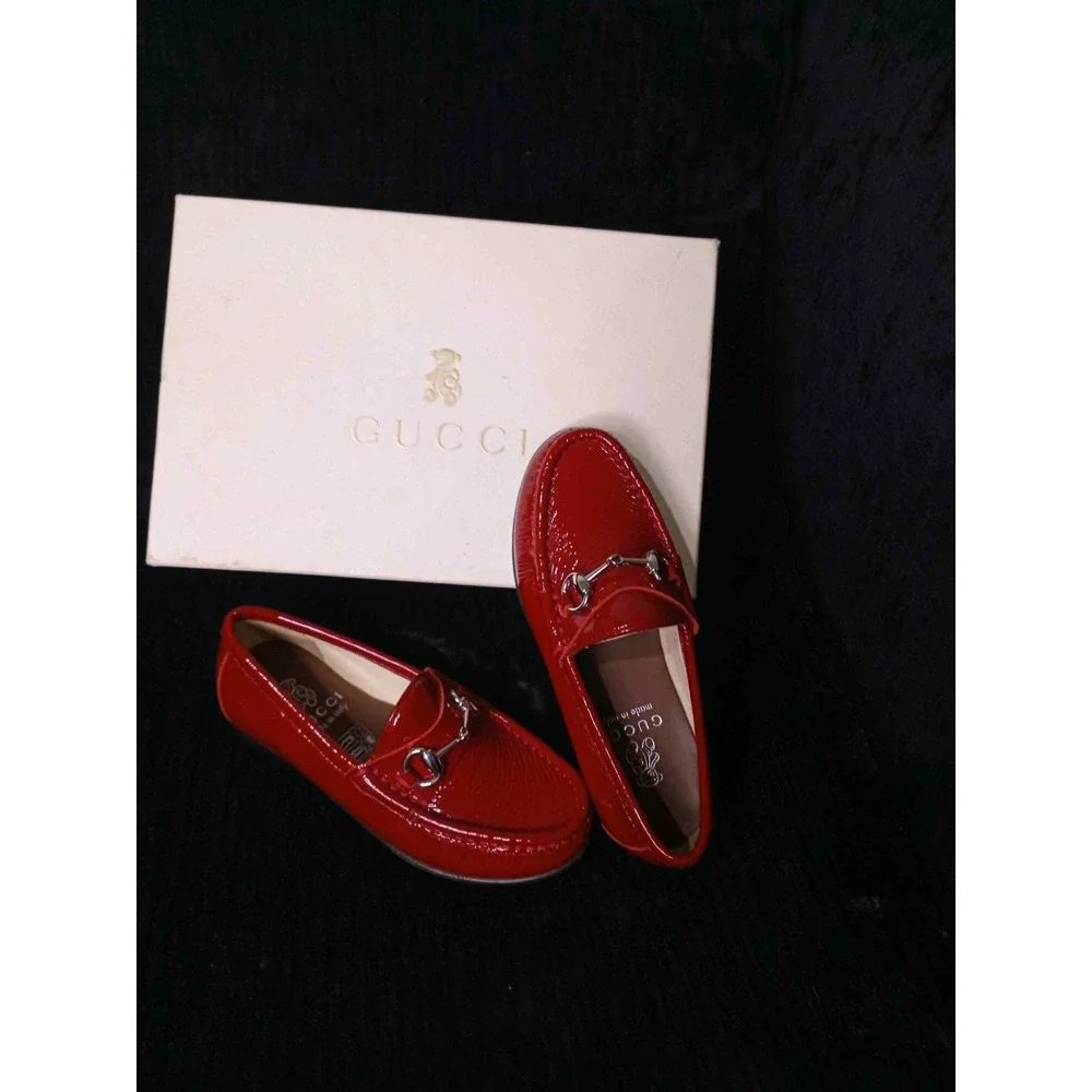 Gucci Kids Red Patent Leather Horsebit Loafers Shoes EU 28 338745
